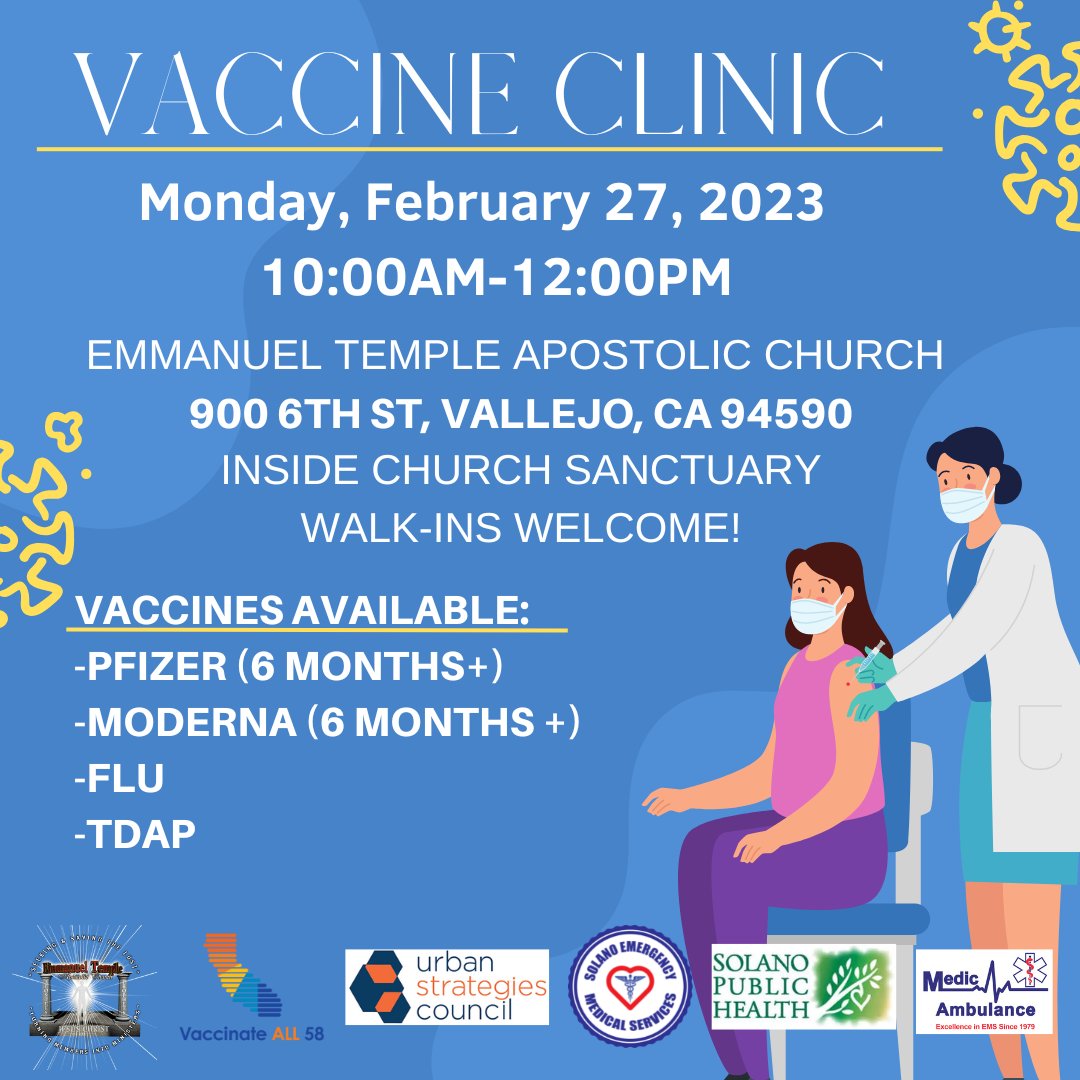 Vaccination Clinic Monday 
February 27, 2023 10am to 12pm