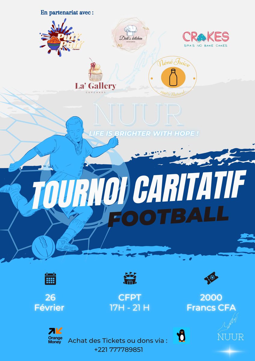 Nuurassociation's tweet photo. Nous vous attendons tous au CFPT ce 26 Février pour un tournoi caritatif. 

Mais ce n'est pas uniquement sur le terrain qu'on peut s'amuser, nous vous préparons une belle surprise ! Restez donc connectés 😉 Nos partenaires seront également là pour vous régaler toute la soirée.. https://t.co/9AvtR3uLIQ