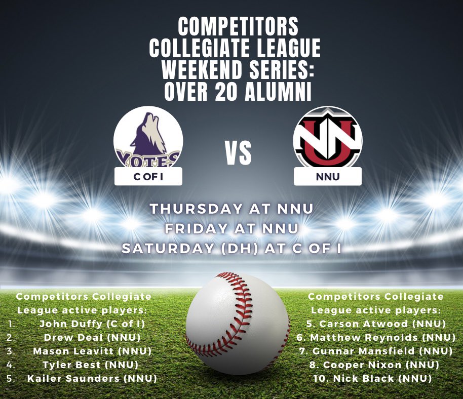 Competitors Collegiate League match up between <a href="/GoYotesBB/">Yotes Baseball</a> and <a href="/NNUBaseball/">Nighthawks Baseball</a> is going to be a fun one! Competitors Collegiate League wishes everyone a great 2023 season! #COMPETE