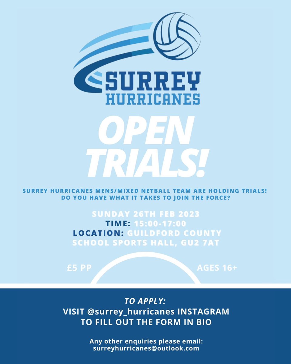 EnglandMMNA's tweet photo. 📆The Surrey Hurricanes are holding open trials on 26th February 2023! 

👉 Register here: https://t.co/S5uv7NcL7U

#netballforall https://t.co/3PiTTkhjQS