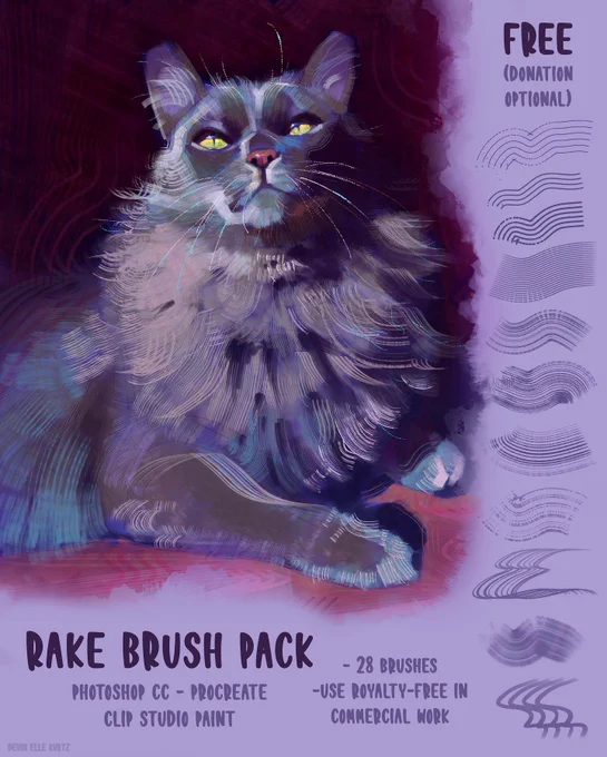 A painting of a cat, with the text “Rake Brush Pack - Photoshop CC, Procreate, Clip Studio Paint. 28 brushes, use royalty-free in commercial work. Free (donation optional).”