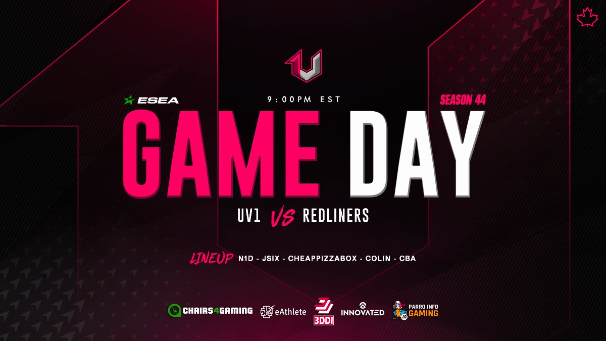 UV1_eSports's tweet photo. [#csgo]

It is time for our game #9 this season in @ESEA
intermediate Season 44!

🆚: #RedLiners
🕘: 21:00 EST
📺: https://t.co/gyLzDCeQNq
🎙️: @jonnyesports 

#uv1canada 🇨🇦 https://t.co/jz23W3LmLI