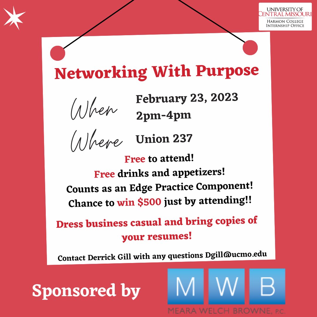 ucmharmonintern's tweet photo. Interested in doing an internship, searching for jobs, or building your professional network? Then the Networking with Purpose Internship Fair is for you! On Thursday February 23rd from 2pm-4pm in Union 237 come network with professionals in your interest field! https://t.co/tWhruQr9I4
