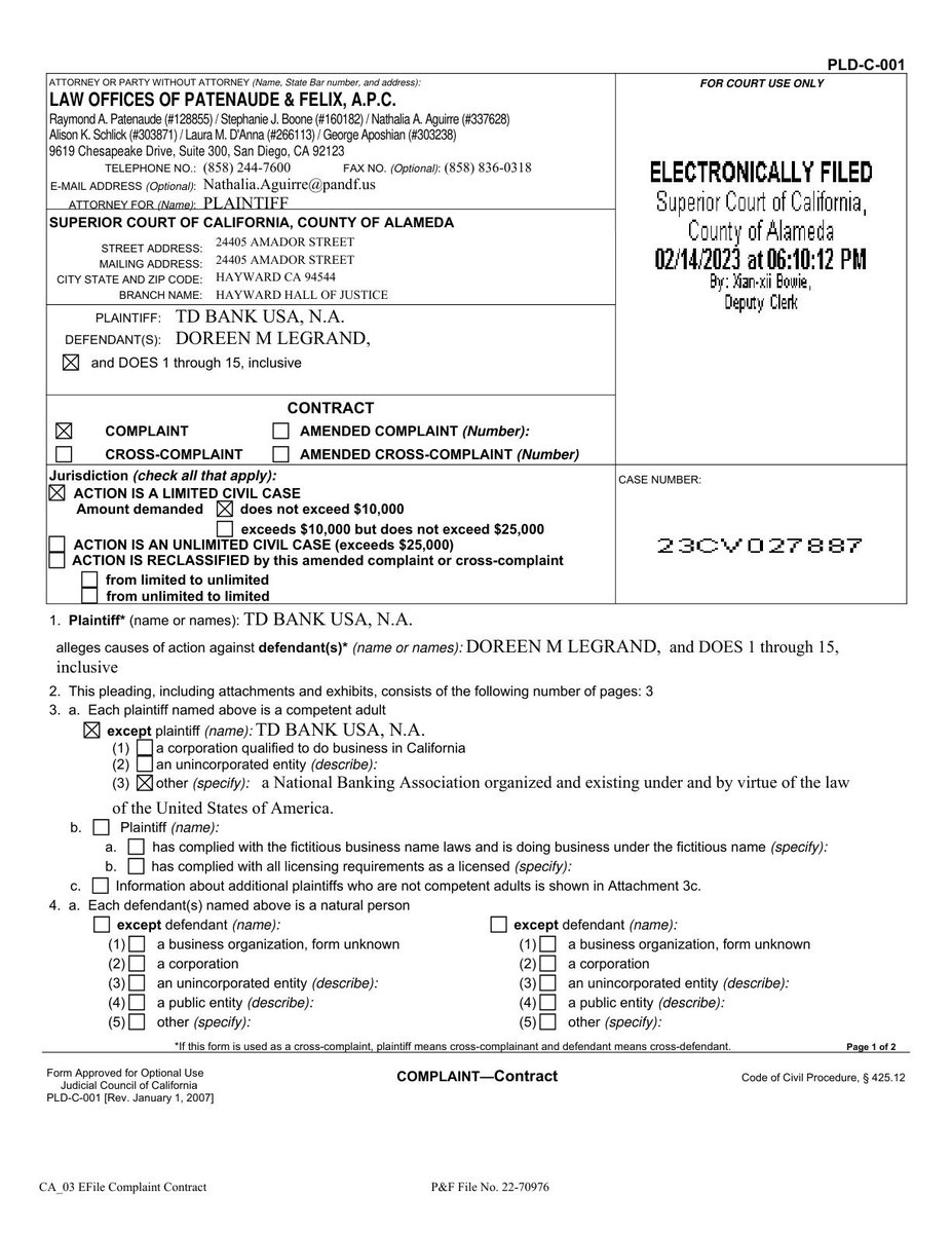 Alameda County Court Watch on Twitter "Filed 2 days ago TD BANK USA