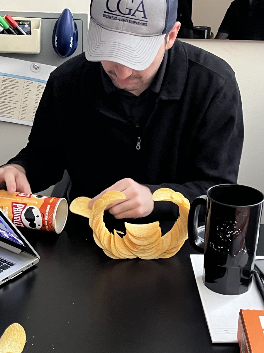 Some of our #engineers attempted the Pringle Ring STEM Challenge yesterday-take a look!  (Some decided to eat the #Pringles instead...can you blame them?)🤣Check out our K-12 #EngineersWeek student challenge here: bit.ly/3XDWJai 
#IowaSchools #STEM #Iowa #CivilEngineers