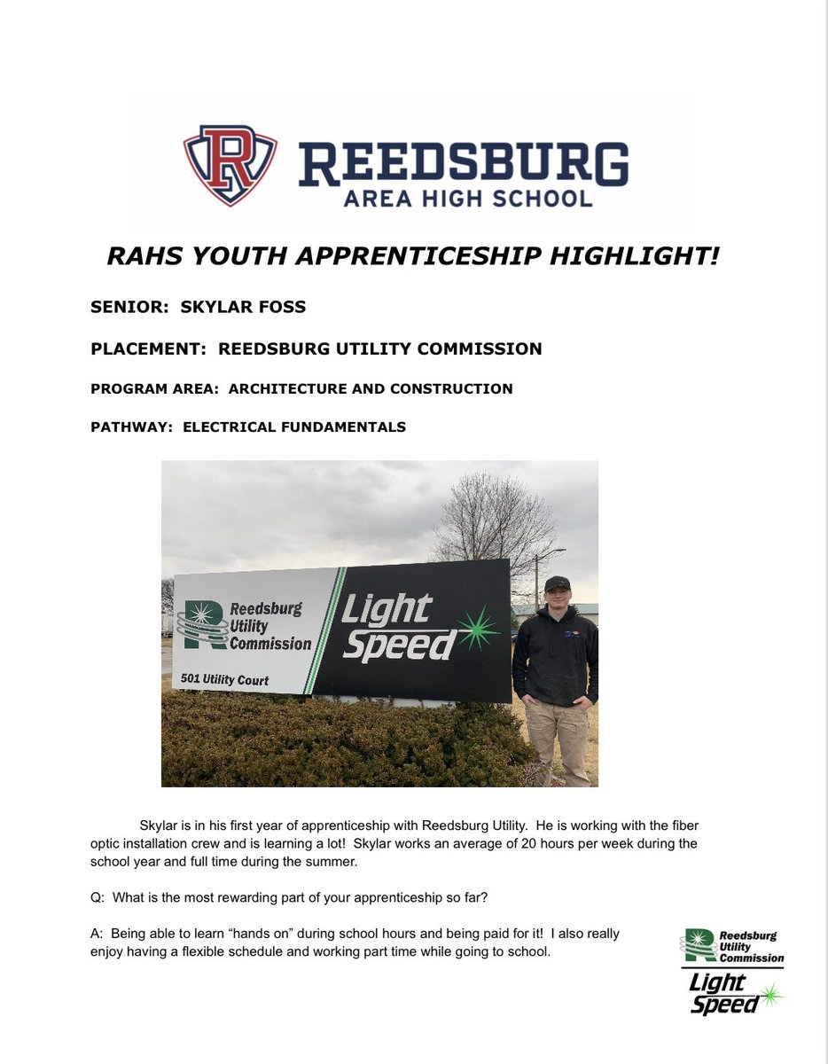 DaveAnliker's tweet photo. Youth Apprenticeship Highlight!  Congratulations Skylar Foss!!  #ReedsburgPride https://t.co/ADPFJD5opK