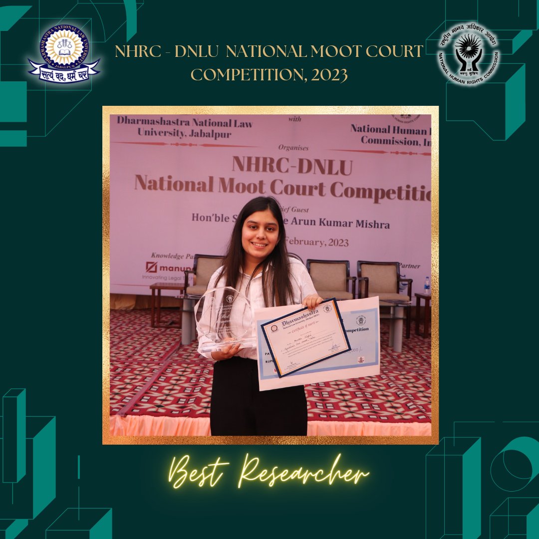 mccatdnlu's tweet photo. We would also like to extend our congratulations to Ms. Anudha Singhai from SLS Noida for her outstanding research skills and thorough understanding of the relevant law, which enabled her to be named the 'Best Researcher' in the competition. https://t.co/7kejTIqO7G