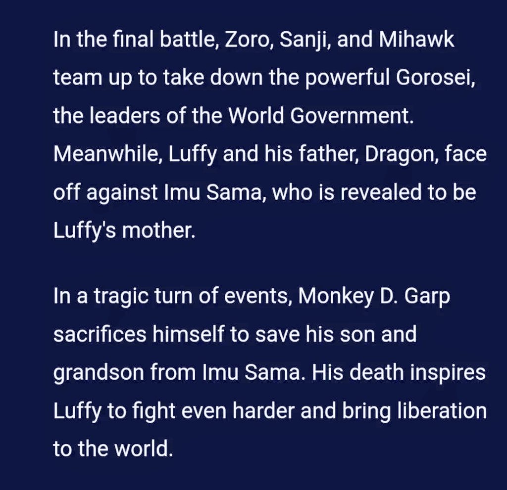 SanchitBhardwa6's tweet photo. I asked #ChatGTP to tell me the ending of #ONEPIECE 

#ONEPIECE1075 #ONEPIECE1076 #ONEPIECE1077 #Luffy #Shanks #Gear5 #Zoro https://t.co/9EAWHvlkjf