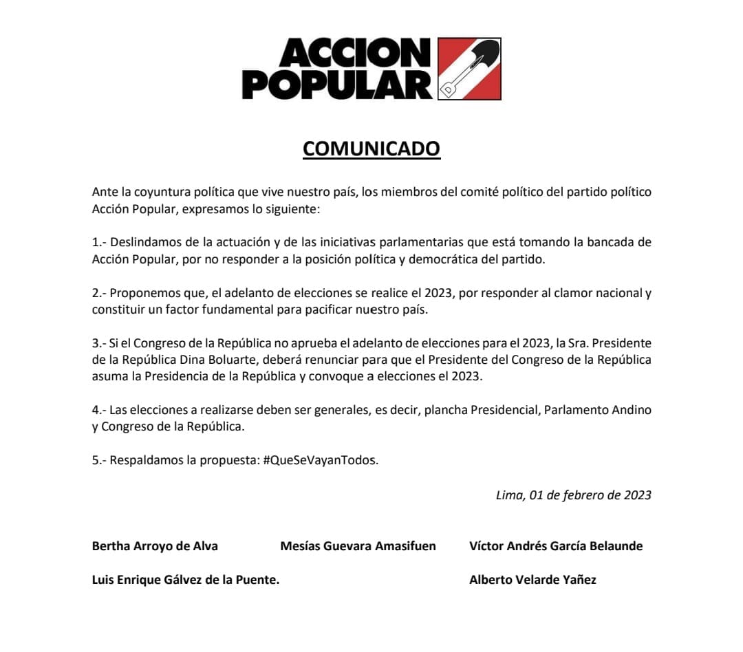 Este comunicado del comité político le he entregado a la presidenta Dina Boluarte. Y no he ido hablar por los congresistas, ellos tienen su propia agenda q no representa la posición política del partido. <a href="/Politica_LR/">Política y Economía La República</a> <a href="/Politica_ECpe/">Política El Comercio</a> <a href="/canalN_/">Canal N</a> <a href="/RPPNoticias/">RPP Noticias</a> <a href="/peru21noticias/">Perú21</a>