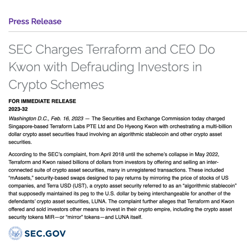 SECGov's tweet photo. Today we charged Singapore-based Terraform Labs PTE Ltd and Do Hyeong Kwon with orchestrating a multi-billion-dollar crypto asset securities fraud involving an algorithmic stablecoin and other crypto asset securities.