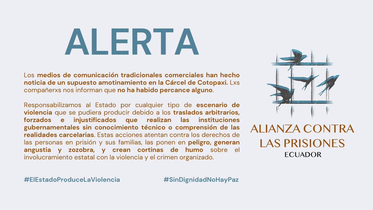 contraprisiones's tweet photo. 📢#AlertaPrisionesEC
Las decisiones anti-técnicas que toman las instituciones del estado, crean riesgos y ponen en peligro a las personas dentro de los centros penitenciarios y a sus familias: https://t.co/mZY776U1AD