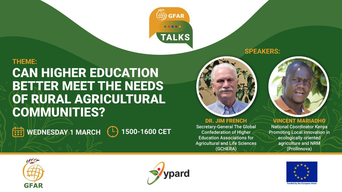 Join us for the next #GFARTalks on March 1st, co-organized by @YPARD, to learn more and discuss rural sensitive approaches and reforms to #highereducation in #agriculture.
🗓️ March 1, 15:00 CET (07:00 MT)
Register : buff.ly/3EayA4B
🌐Read More : buff.ly/3E9pqoF