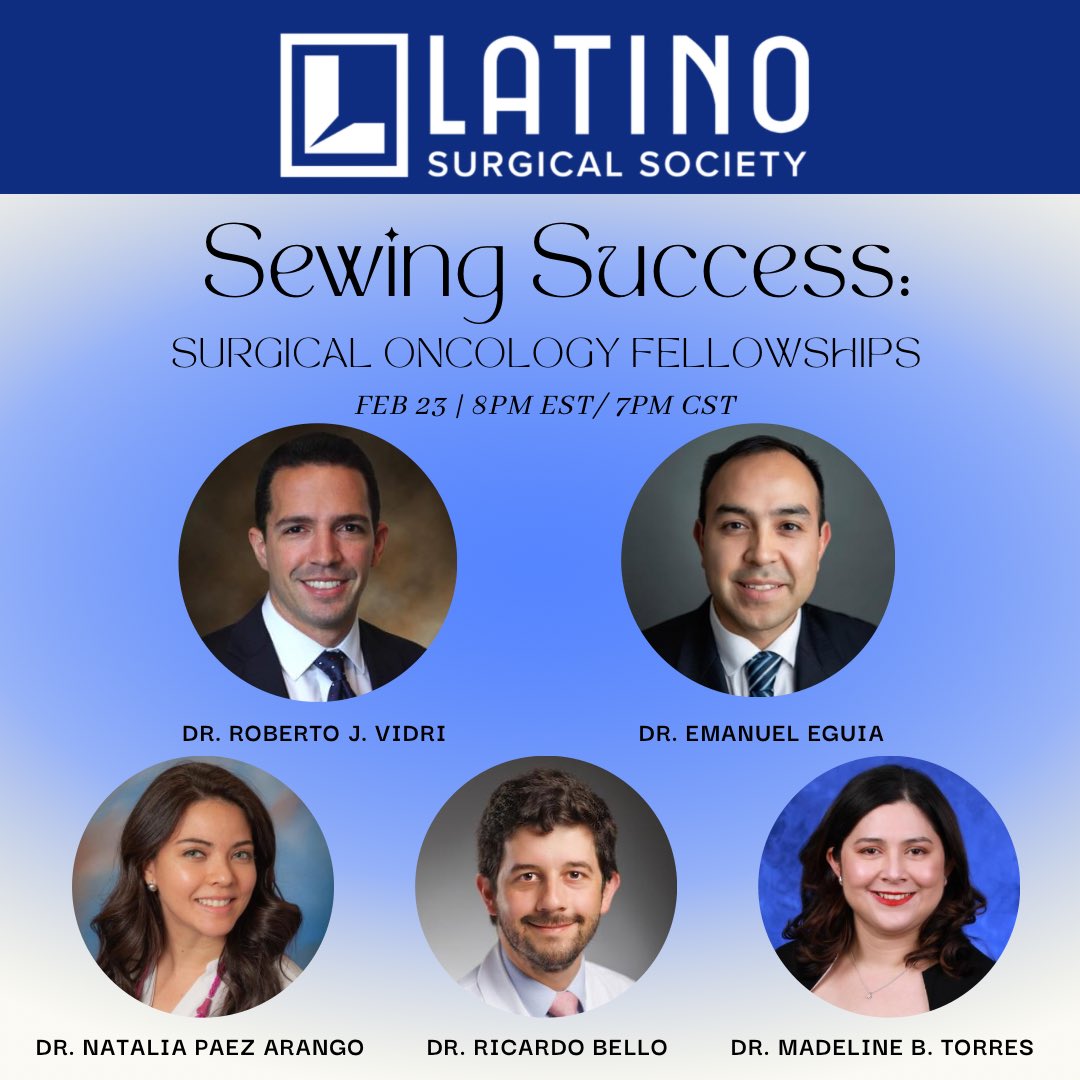 LatinoSurgSociety (@latinosurgery) on Twitter photo There is still time to register for our latest installment of Sewing Success: Surgical Oncology Fellowships!
partners.zoom.us/webinar/regist…
#LatinxSurgeons #SurgicalOncology #Surgonc #surgicalfellowships #sewingsuccess <a href="/ricardo_julio/">Ricardo Julio</a>
<a href="/EmanuelEguia/">Emanuel Eguia</a> <a href="/RobertoVidri/">Roberto J. Vidrí</a> @MadelineBTorres There is still time to register for our latest installment of Sewing Success: Surgical Oncology Fellowships!
partners.zoom.us/webinar/regist…
#LatinxSurgeons #SurgicalOncology #Surgonc #surgicalfellowships #sewingsuccess <a href="/ricardo_julio/">Ricardo Julio</a>
<a href="/EmanuelEguia/">Emanuel Eguia</a> <a href="/RobertoVidri/">Roberto J. Vidrí</a> @MadelineBTorres