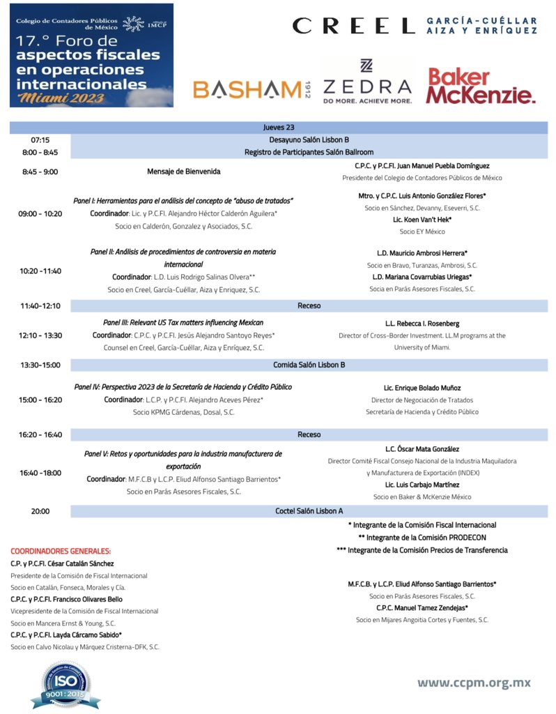 Muy agradecido con el Colegio de Contadores Publicos de México y con el Maestro Eliud Santiago por la invitación a participar en el Foro de Aspectos Fiscales en Operaciones Internacionales que se llevará a cabo en Miami,FL.  Será un honor acompañar a Eliud y a Óscar Mata de Lear