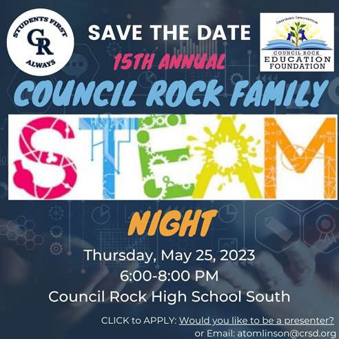 Renee Devlin (@devlinrenee) on Twitter photo Save the date: May 25, 2023 for a night of STEAM! Elementary students and their families are invited to attend.<a href="/CouncilRockSD/">Council Rock</a> <a href="/altheatechtools/">Althea Tomlinson</a> <a href="/_CREF/">CR Education Foundtn</a> Save the date: May 25, 2023 for a night of STEAM! Elementary students and their families are invited to attend.<a href="/CouncilRockSD/">Council Rock</a> <a href="/altheatechtools/">Althea Tomlinson</a> <a href="/_CREF/">CR Education Foundtn</a>