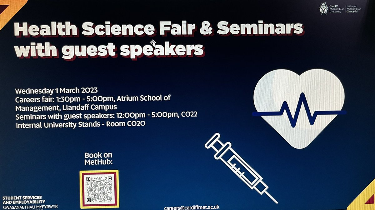 Looking for a future career? interested in what it’s like to be a researcher? How about getting work experience abroad? Don’t forget to book onto the CMU Health Sciences careers fair and seminars on 1st March 2023. Click the QR code  &amp; your place! <a href="/CMetCareers/">Cardiff Met Careers</a> <a href="/CardiffMetCSSHS/">Cardiff School of Sport & Health Sciences</a>