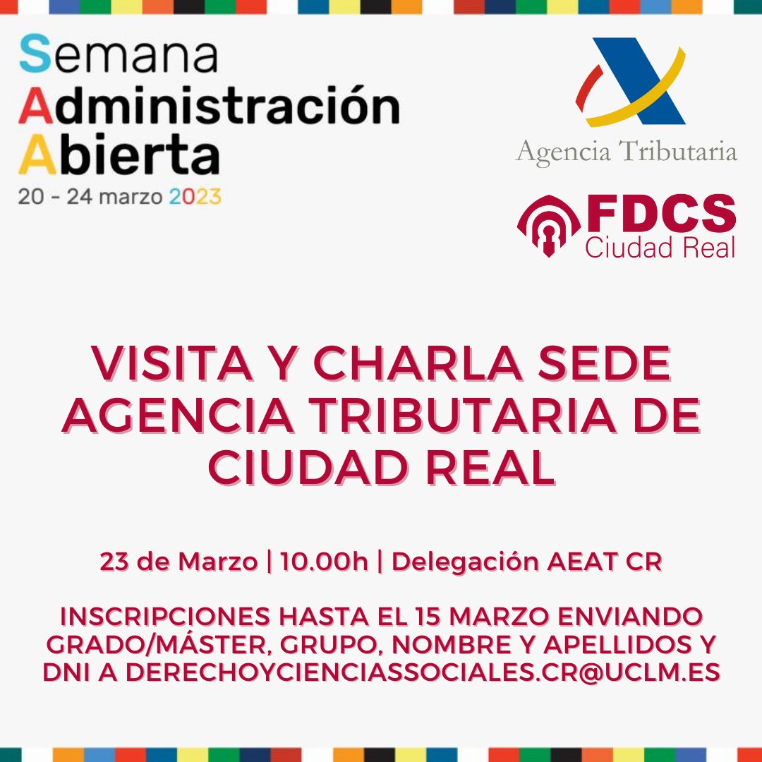 El próximo 23 de marzo, con motivo de la Semana Abierta de la Administración Pública #OpenGovWeek, se organiza una visita y charla en la Delegación de la Agencia Tributaria de Ciudad Real. El plazo de inscripciones se cerrará el 15 de marzo.