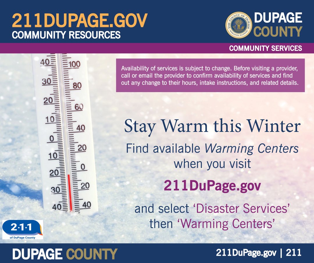 DuPageCountyCS's tweet photo. ❄Winter weather❄ is back. If you lose your heat unexpectedly, several agencies throughout DuPage County serve as Warming Centers. Call ahead to verify space. An extensive list can be found online at https://t.co/ajRMkNc122.

 #WarmingCenters #ColdWeatherHelp #211 #211DuPage https://t.co/fL0Oy9mVRx