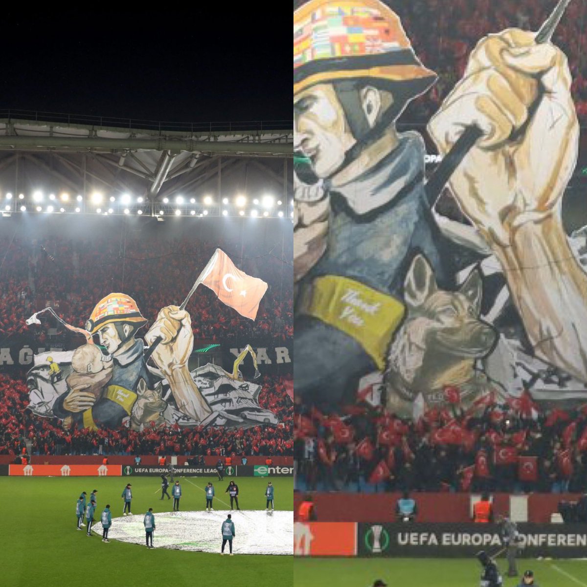 CerebrosG's tweet photo. El mosaico que presentó la afición del equipo de fútbol Trabzonspor, en Turquía, en homenaje a los rescatistas tras los terremotos. En el 'tifo', aparece el perrito mexicano Proteo. https://t.co/TjBIUTEXuc