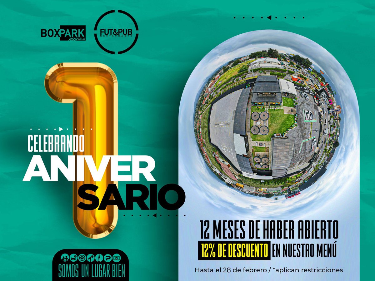 FutandPub's tweet photo. ¡Estamos felices de cumplir nuestro 1ER ANIVERSARIO! y eso es gracias a tu preferencia.

Por los 12 MESES de haber abierto, TODO EL MENÚ DE FUT&amp;PUB tendrá un DESCUENTO del 12% hasta el 28 de febrero. *aplican restricciones

The Place of Taste!

#boxparkxela #Xela #futandpub #gt https://t.co/FbmEI0ltxj