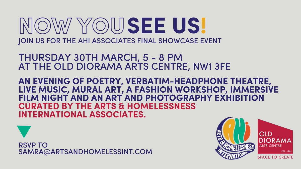 artshomelessint's tweet photo. We are excited to invite you to our upcoming #NowYouSeeUs event on 30th March at @olddiorama to celebrate the creative works of our talented Associates. Register for your free space: 
https://t.co/1QfQtC5ZGz https://t.co/2sycfWm6hK