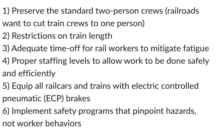 MorePerfectUS's tweet photo. .@RailroadWorkers say these are the most urgent changes needed to improve safety and stop the railroads' worst excesses and abuses: https://t.co/glJWJpWgEn https://t.co/4pROKfSjqP