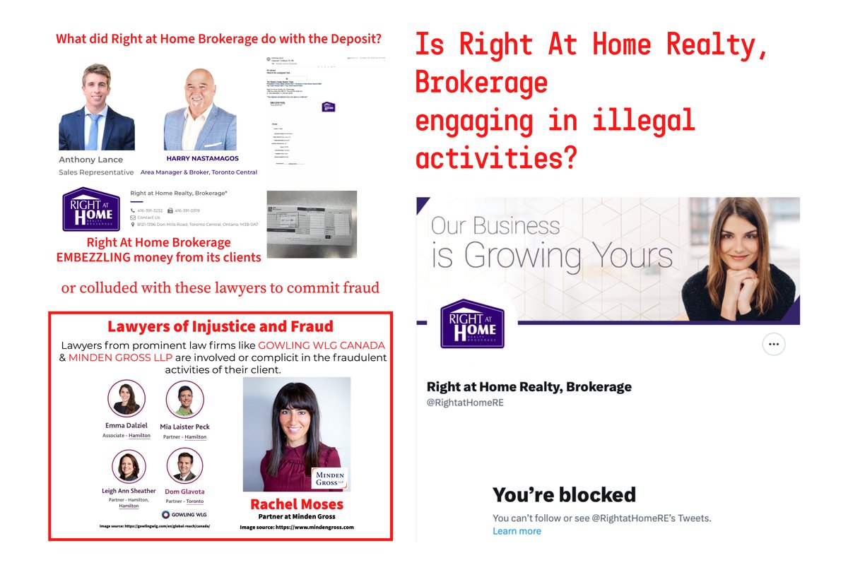 Right At Home Brokerage Embezzled money from its client #RightAtHomeRealty or colluded with these lawyers to commit fraud? @gowlingwlg_ca @MindenGross @GMALaw @irealestatelaw