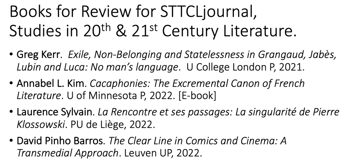 mlpProf's tweet photo. Interested in reviewing a book for #STTCLjournal? See attached image for authors and titles available. Must demonstrate ABD status. Email me at PapalasM@ecu.edu. https://t.co/IuUbsUc6i6
