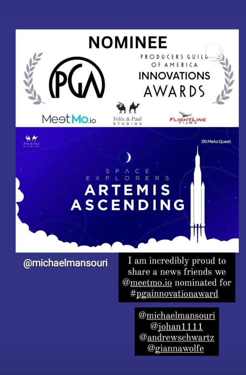 We are incredibly proud to have been nominated by <a href="/producersguild/">Producers Guild of America</a> for their annual PGA Innovations Award.

Made possible by the team at <a href="/felixandpaul/">Felix & Paul Studios</a> and supported by technologies of @MeetMoInc on the historic immersive 360° film
Space Explorers: Artemis Ascending
#vr #xr #MeetMo