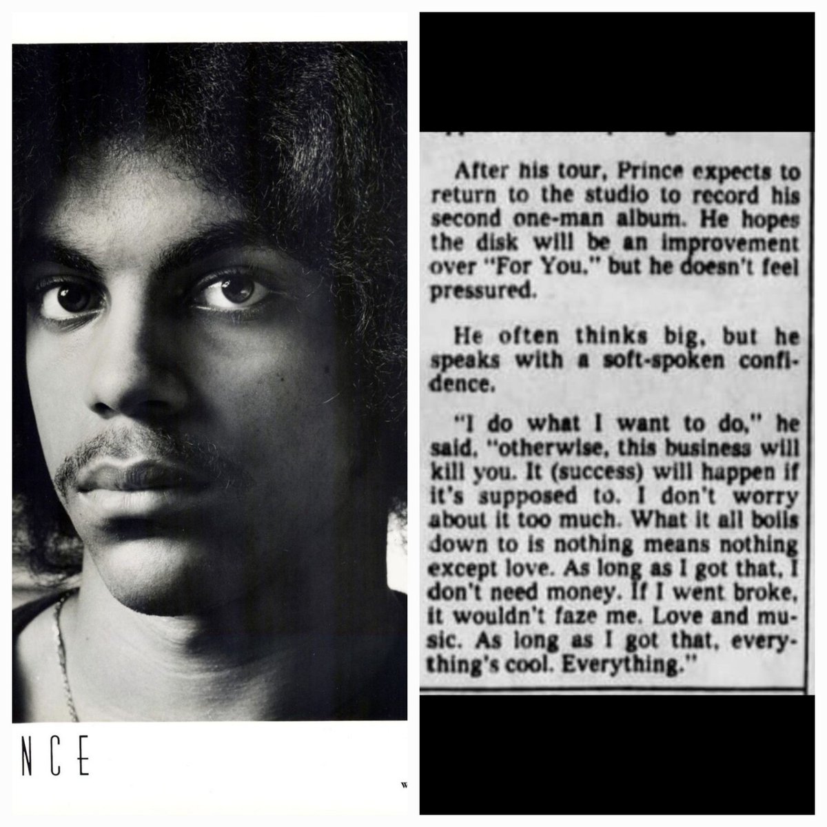 drfunkenberry's tweet photo. 1979 @StarTribune @prince quote. "What it all boils down to is nothing means nothing but love. As long as I have that, I don't need money."
""Love &amp; music. As long as I got that, everything's cool. Everything."" See the pic for the full amazing quote. #PRINCE #PRINCE4EVER https://t.co/EKNsp1B0th