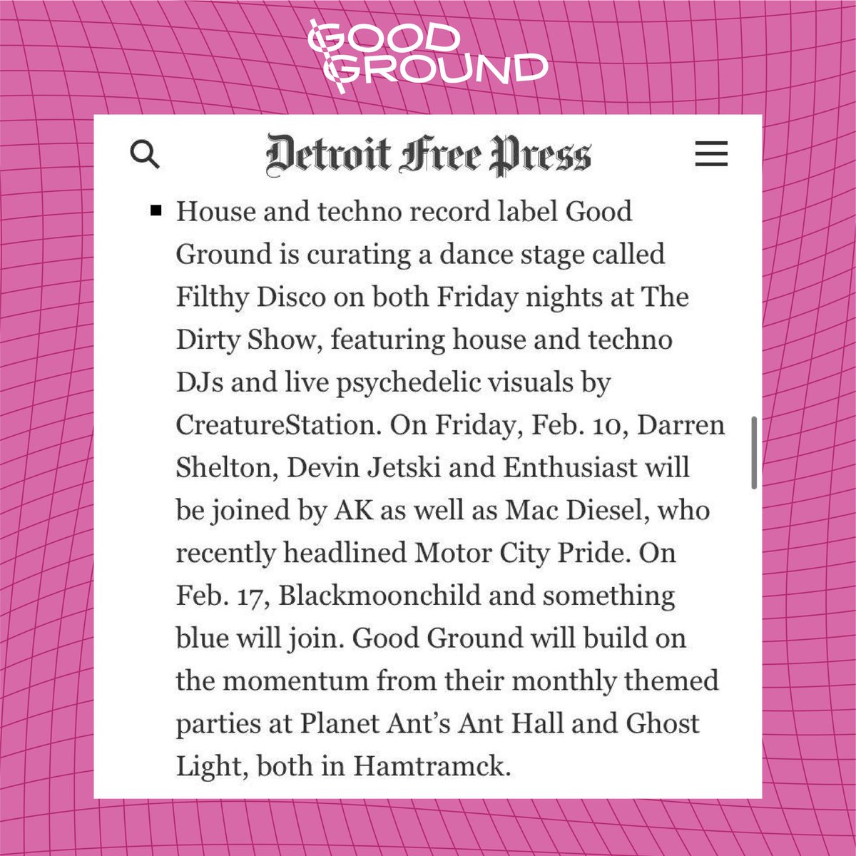 DevinRosni's tweet image. Big ups to The Detroit Free Press for writing up @GoodGroundDet’s stage at The Dirty Show!