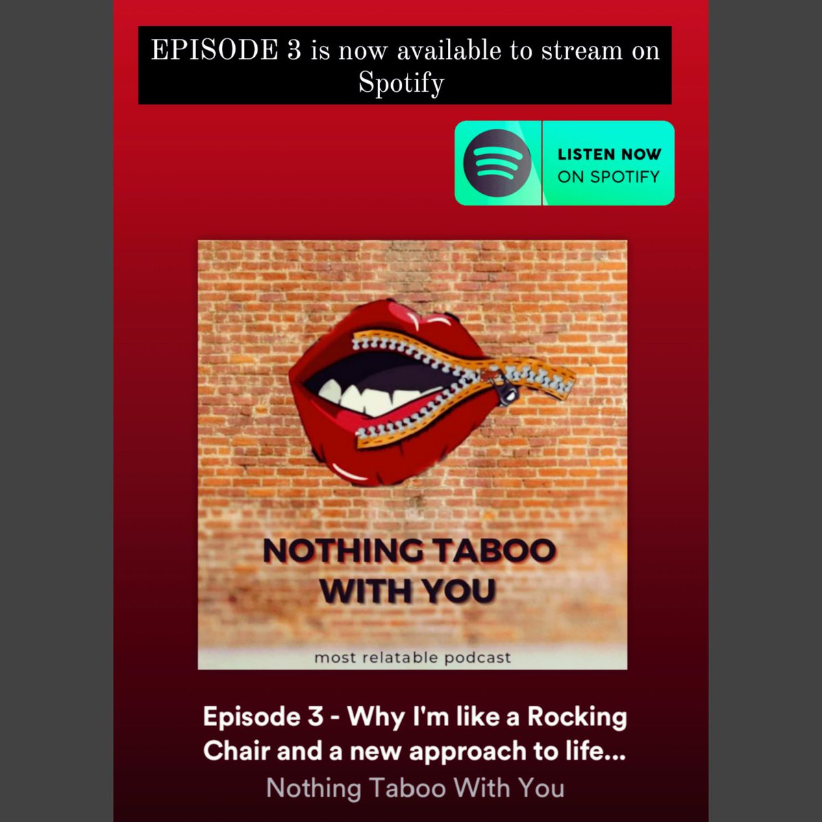 Hi Folks, Episode 3 of the Nothing Taboo With You Podcast is now available to listen to on Spotify. I hope you all enjoy it especially where i get to delve a little bit further into a man's mind with my first ever guest ☺️