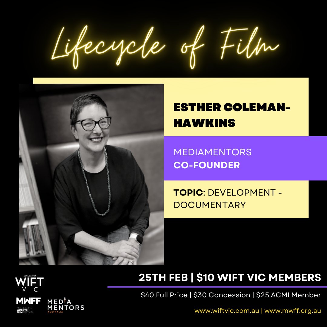 Lifecycle of Film brings together film industry experts to guide early and mid-career talent through spontaneous mentorships.

Joining the Development Table is Esther Coleman-Hawkins, Co-Founder of Media Mentors.

Book your spot at the table! tickets.acmi.net.au/0/50094