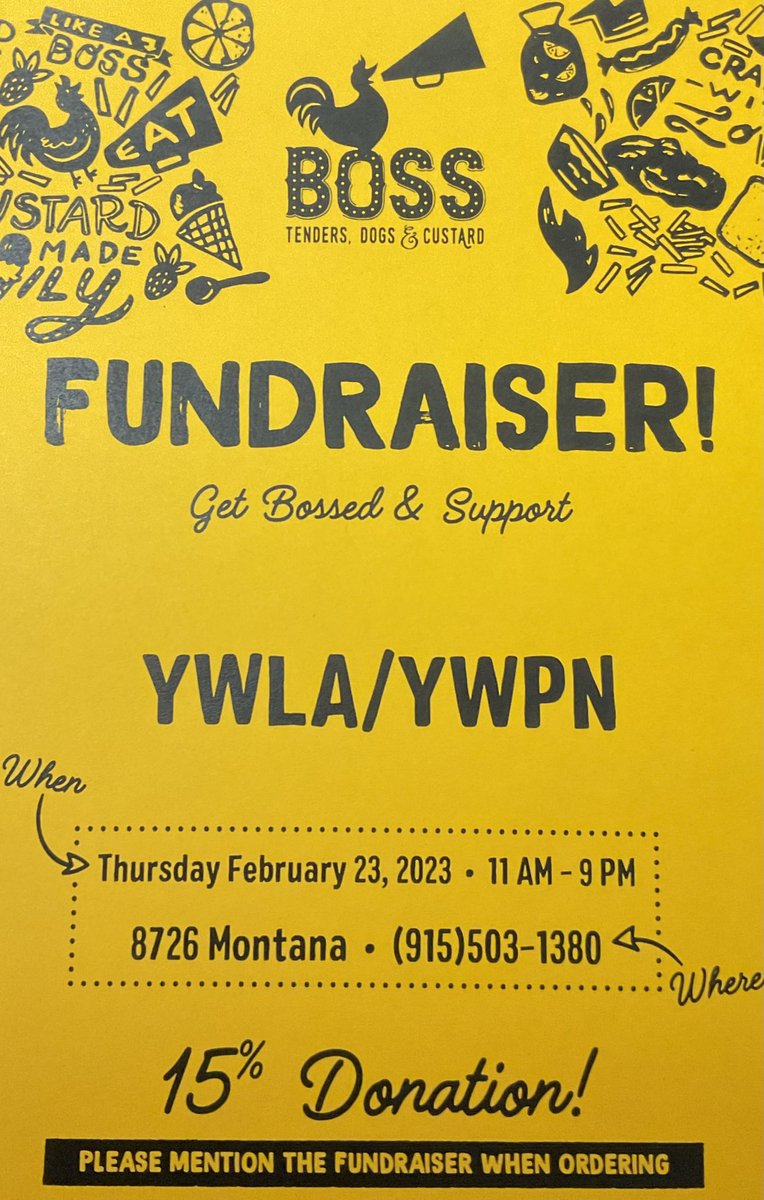 Ysleta_YWLA's tweet photo. Get Bossed & Support!
Join us at Boss Tenders, Dogs, & Custard on 8726 Montana, next Thursday, February 23rd, to support our YWLA/YWPN Fundraiser! 15% of the proceeds go towards us. #GETBOSSED #Support #YWLA https://t.co/0I1zPi9e3Q