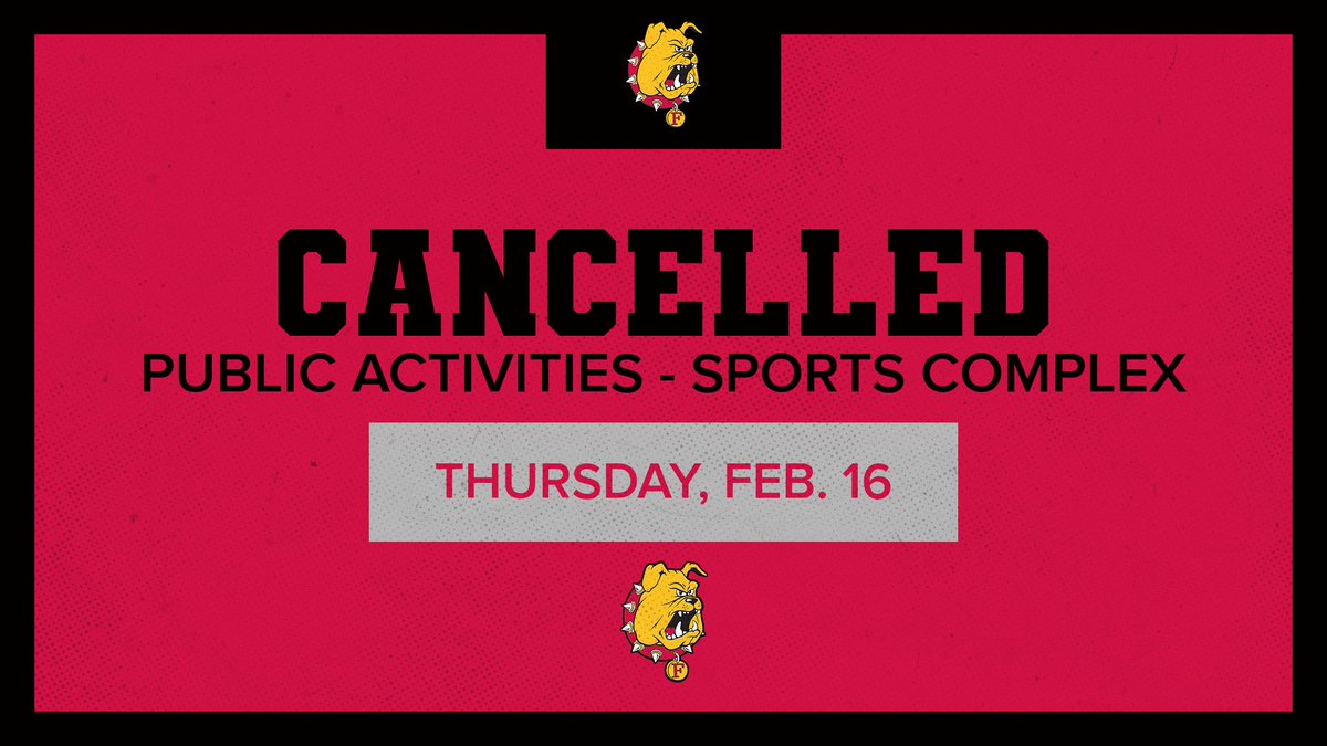 Ferris Athletics (@ferrisathletics) on Twitter photo CANCELLED! All public activities scheduled for Thursday night at the Ewigleben Sports Complex, including youth practices and open skate, are cancelled due to the weather! <a href="/FerrisIceArena/">Ferris Ice Arena</a> CANCELLED! All public activities scheduled for Thursday night at the Ewigleben Sports Complex, including youth practices and open skate, are cancelled due to the weather! <a href="/FerrisIceArena/">Ferris Ice Arena</a>