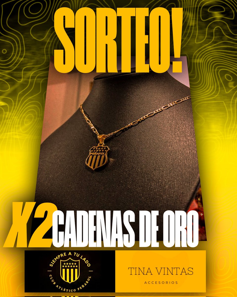 💣 𝗦𝗢𝗥𝗧𝗘𝗢 🟡⚫

Junto a <a href="/tinavintas/">Tina vintas</a> sorteamos 2 cadenas de Oro de Peńarol.

1- Dar RT. 
2- Seguir a <a href="/PyD1891/">SIEMPRE A TU LADO</a> y <a href="/tinavintas/">Tina vintas</a>
3- Mencionar a 2 amigos en los comentarios.  

🔜 Se sorteará el 28 de Febrero.
 
¡Mucha Suerte! 💛🖤🍀