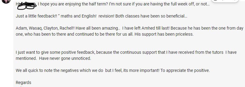 Half term revision feedback from a learner to senior member of staff about my team 😍