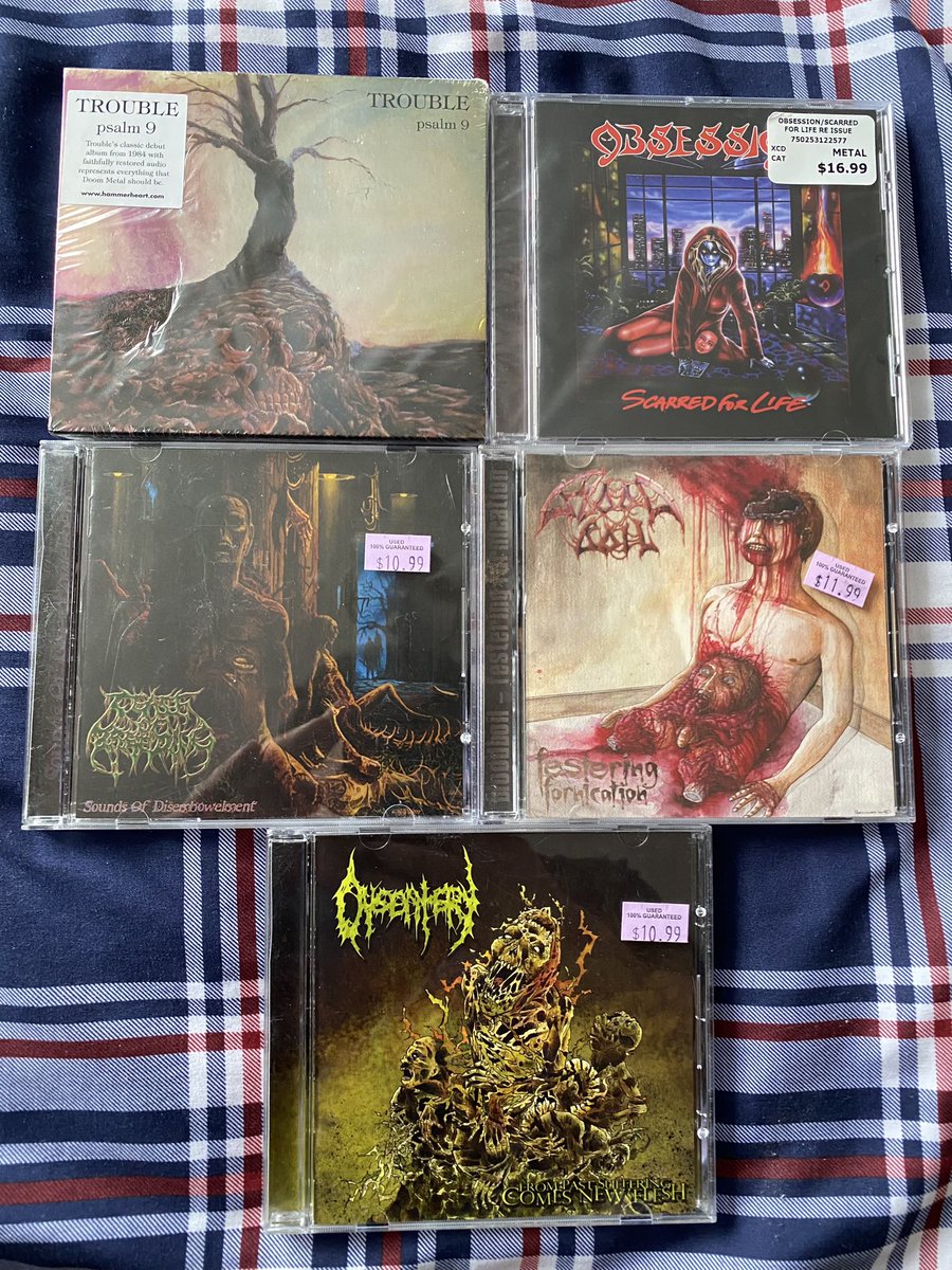 EricRose23654's tweet photo. Got some new albums into my collection. Picked up Trouble/ Psalm 9, Obsession/ Scarred For Life, Cease Of Breeding/ Sounds Of Disembowelment, Bloodboil/ Festering Fornication &amp; Dysentery/ From Past Suffering Comes New Flesh. Cannot wait to listen to these albums #metalmusic https://t.co/mGuWy6M6mq