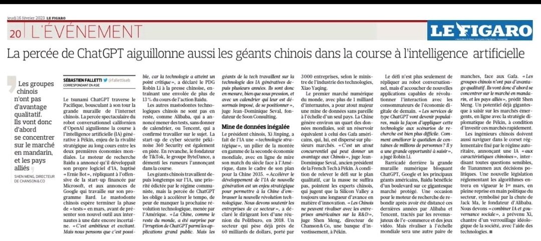 L'onde de choc #ChatGPT se propage jusqu'en Chine !
A l'occasion de l'interview par Sebastien Falletti pour <a href="/Le_Figaro/">Le Figaro</a>, je reviens sur les réactions de acteurs clés de l'Internet en Chine.
linkedin.com/posts/seval_ch…