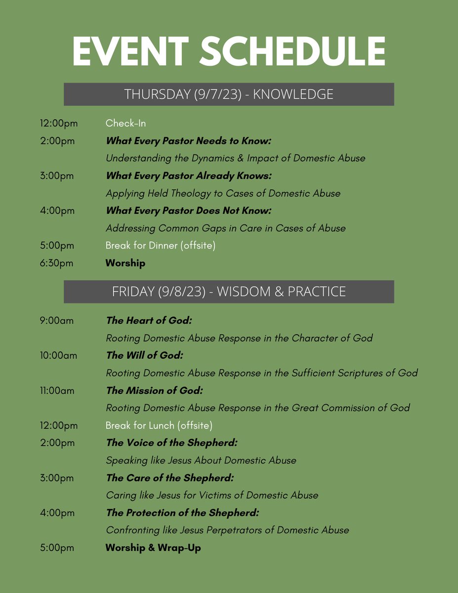 PeaceWorks_CM's tweet photo. REGISTRATION IS OPEN!

We are excited about this event and are eager to see how the Lord will use these session topics and these speakers to engage and equip more helpers in domestic abuse response ministry. 

Visit https://t.co/OygzDvL2RA for event and registration information! https://t.co/fUtGYcaKP2