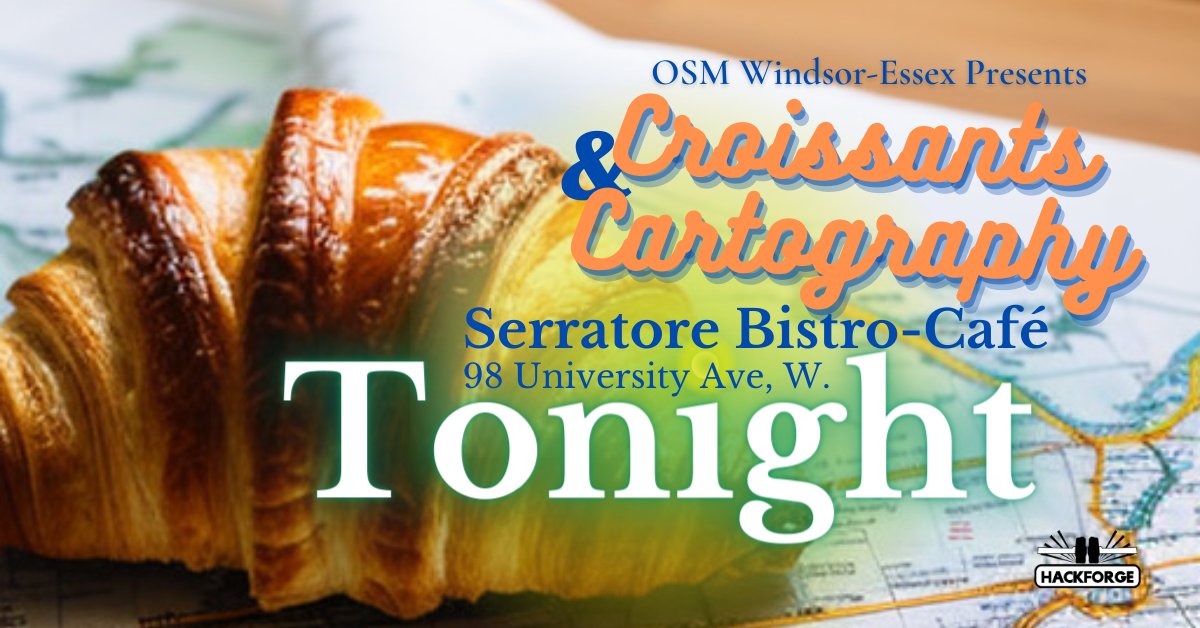 Looking forward to seeing some of our mapping community tonight at Serratore Cafe-Bistro in Downtown Windsor!

Whether you're experienced with <a href="/openstreetmap/">OpenStreetMap</a> or brand new, come hangout and we'll map together!

#downtownwindsor #yqg #windsorontario #OpenStreetMap