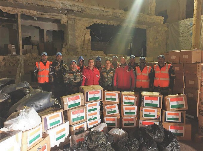 #OperationDost in Syria

An #IndianArmy team deployed as part of the United Nations Disengagement Observer Force (UNDOF) in #Aleppo, Syria with #earthquake relief material.