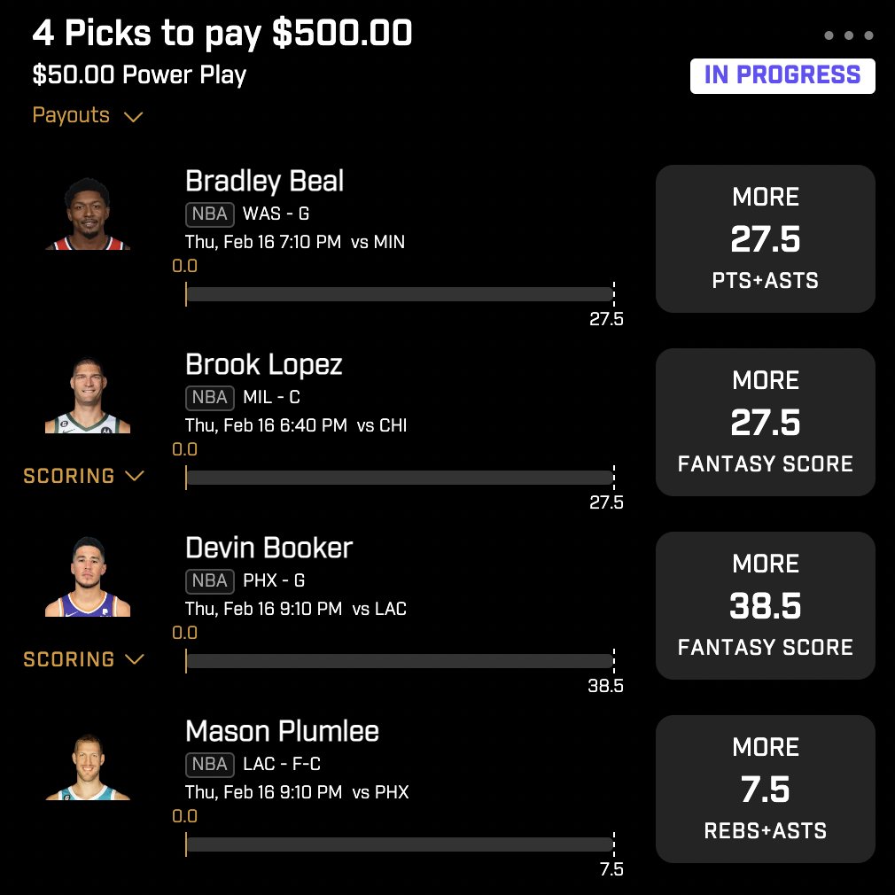 DoctorProfit's tweet photo. NBA Picks + Projections Feb 15th🏀

Picks:
Beal O 27.5 Points+Assists
Lopez O 27.5 Fantasy (Alt: 13.5 Pts)
Booker O 38.5 Fantasy (Alt: 29.5 PA)
Plumlee O 7.5 RA

Projections Highlighted = Adjusted for injury/trade

Like if tailing!
#GamblingTwitter #PrizePicks #NBA https://t.co/bj2I5T8kou