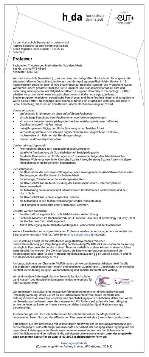 weinhardtmarc's tweet image. Professur für Theorien und Methoden an der h_da, mögliche Schwerpunkte Beratung, ältere Menschen, bürgerliches Engagement, Wohnungslosenhilfe, Klinische Soziale Arbeit