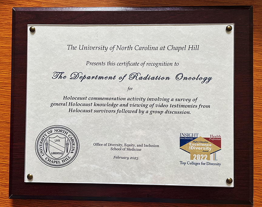 Elaine M. Zeman, PhD (@drzeman) on Twitter photo Boom! 🎉
Honored to have accepted a DEI achievement award on behalf of the UNC Department of Radiation Oncology from <a href="/UNC_SOM/">UNC School of Medicine</a> in connection with our Holocaust commemorative activity held in Spring, 2022.
Thanks so much to all who participated. 👍🏻 Boom! 🎉
Honored to have accepted a DEI achievement award on behalf of the UNC Department of Radiation Oncology from <a href="/UNC_SOM/">UNC School of Medicine</a> in connection with our Holocaust commemorative activity held in Spring, 2022.
Thanks so much to all who participated. 👍🏻
