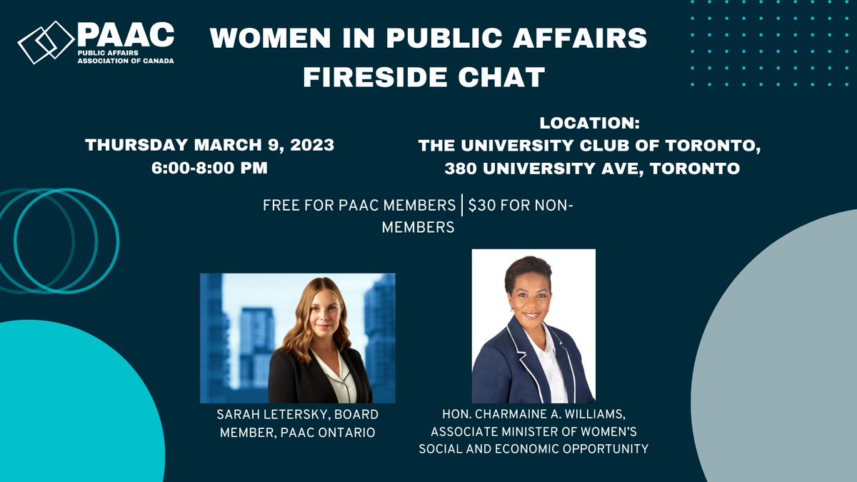 PAAC84's tweet image. Join @PAAC84 Ontario for our first event of 2023: 

A Women in Public Affairs Fireside chat with the Honourable Associate Minister of Women's Social and Economic Opportunity @Charmomof5 hosted by Board Member @sletersky.

Details below 👇

Register: bit.ly/40V5m3n