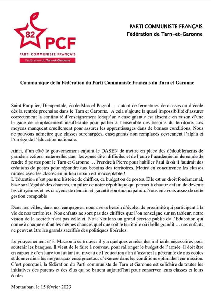 juliensueres's tweet photo. {Communiqué @PCF_82} En Tarn et Garonne les communistes s'opposent à la vision comptable de l'éducation imposée par le recteur. Les fermetures de classes et suppressions de postes infligées à nos territoires sont scandaleuses et remettent en cause le principe même d'égalité 😡 https://t.co/a8XcAfvJyw