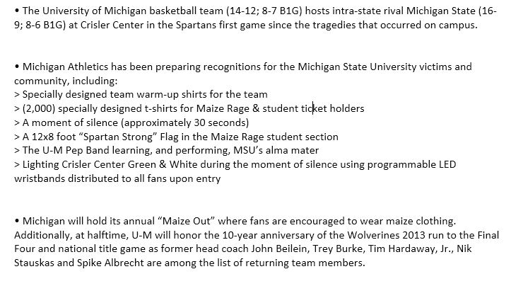 umichbball's tweet photo. Special things slated for Saturday's game with Michigan State ....

✔️ Honoring the Michigan State victims and community  💚💙
✔️ A Maize Out
✔️ 2013 Final Four Reunion

〽️🏀 #ForCompetitorsOnly
#GoBlue #SpartanStrong https://t.co/ett6CEUh3Y