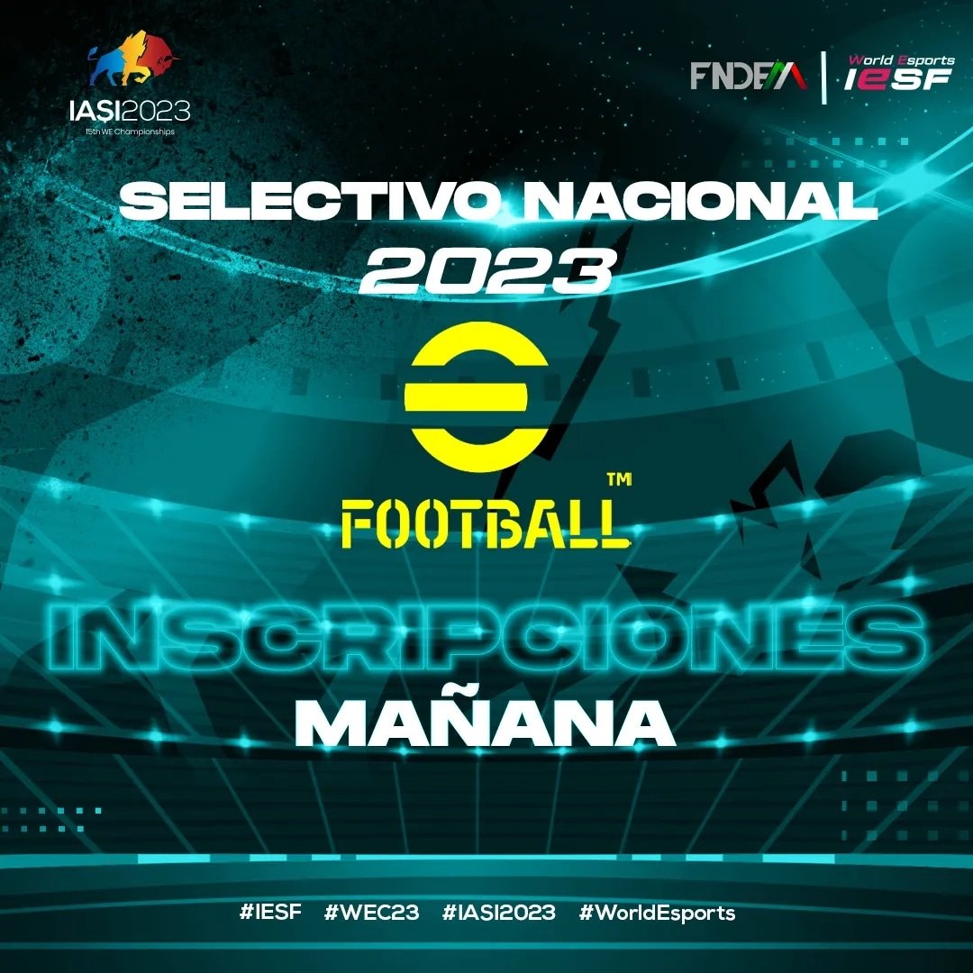 ¡Mañana comienza!

Este 17 de febrero damos inicio a las inscripciones del Selectivo Nacional 2023 de <a href="/Juega_eFootball/">eFootball™️ Latam</a>

Comienza a calentar y prepárate para entrar a la cancha de juego.👊✨

<a href="/IeSF_Master/">Esports fan</a>

#WorldEsports #IASI2023 #WEC23 #IESF