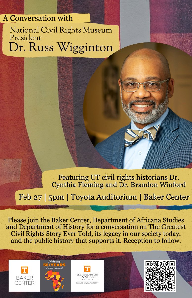 Winhistory24's tweet photo. Please join @UTBakerCenter @utkhistory  &amp; Department of Africana Studies for an evening w/ Dr. @RussWigginton  Russ Wigginton, president of the @NCRMuseum . See details below for the Webcast Link. The CRM in Tennessee carries an important legacy. https://t.co/LfGwib28xH https://t.co/2nSwEyB2ww
